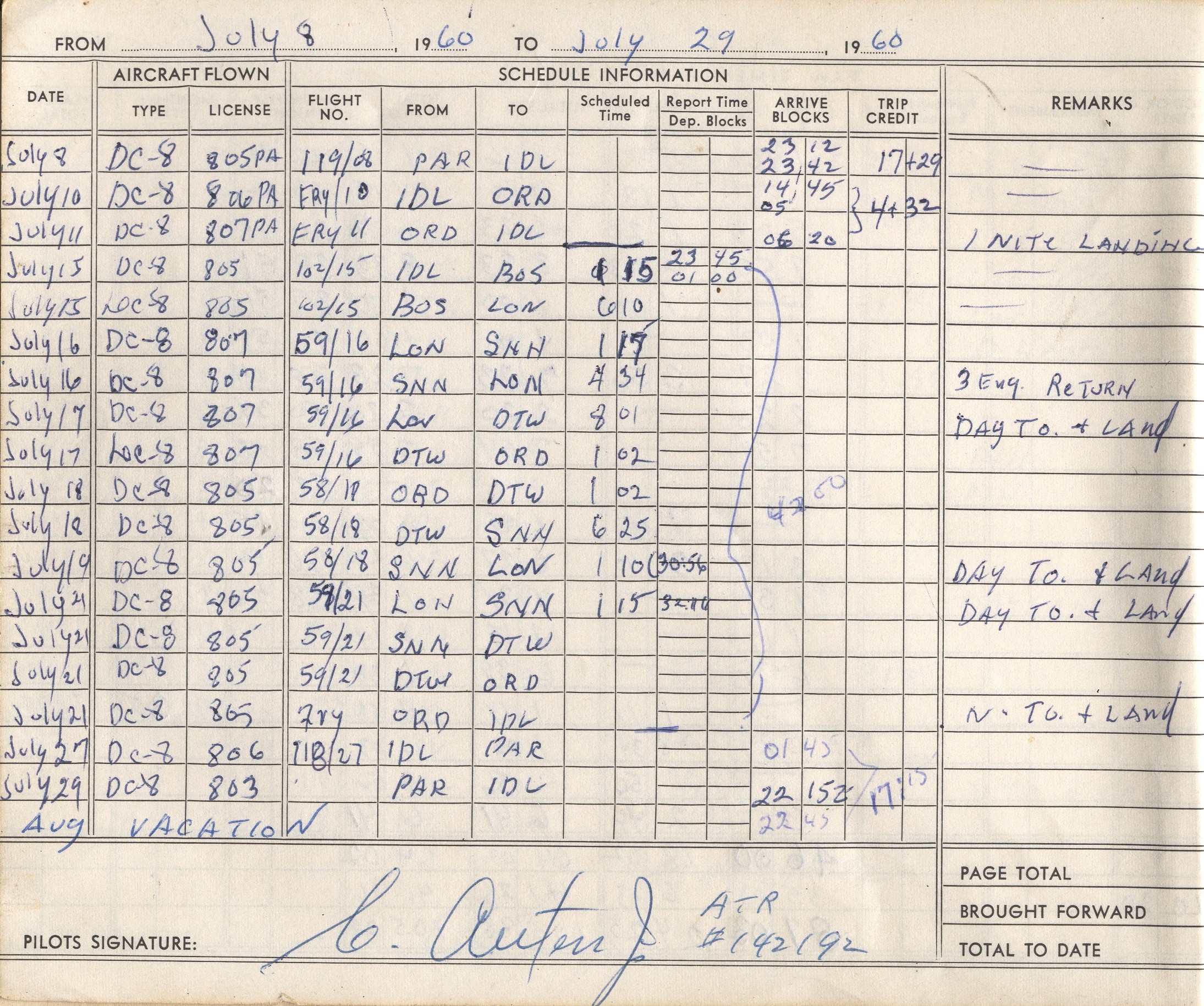 1960  July 8 - 29 log book page.  This shows Pan Am's service from both Detroit & Chicago to Ireland & England.